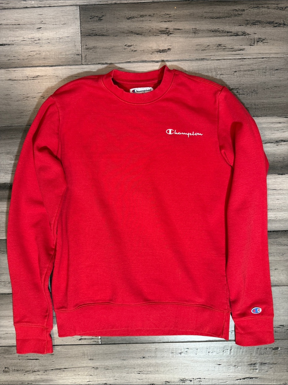 Champion Red Crewneck Sweatshirt with Script Logo